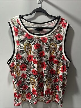 Men’s No Boundaries White Tank Top with Red Floral & Tiger Print
